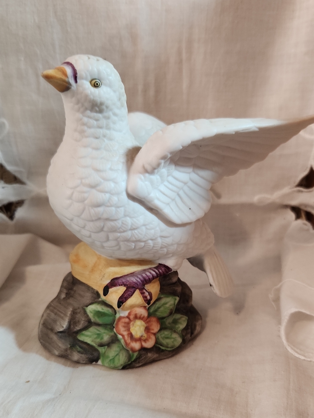 White Ceramic Dove Figurine with Colorful Base